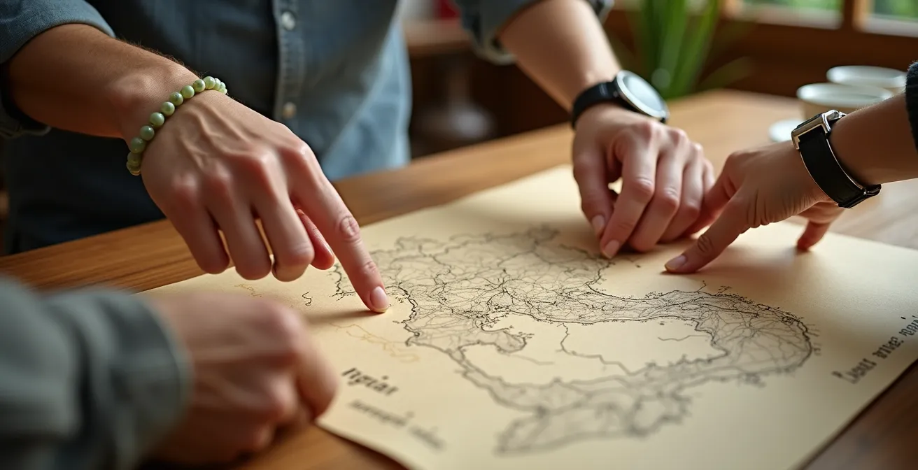 Échange entre voyageur et expert local autour d'une carte du Vietnam